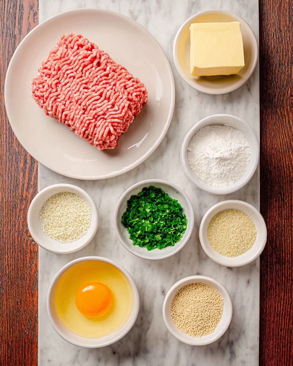 The image shows a variety of ingredients arranged neatly on a white marbled surface, ready for cooking. At the top left, there is a layer of pink ground meat with a soft texture placed on a white plate. Surrounding it are six small white bowls with different ingredients: at the top right, a cube of yellow butter with a smooth texture; below it, a white bowl filled with fine white powder; next to that, a bowl containing bright green chopped herbs with a rough texture; below the herbs, a bowl of off-white small granules; to the left of that, a bowl with a raw egg showing a clear yellow yolk and white; and at the bottom left, a bowl with light tan powder. The layout and colors create a clear and organized view of the ingredients. photo taken with an iphone --ar 4:5 --v 7
