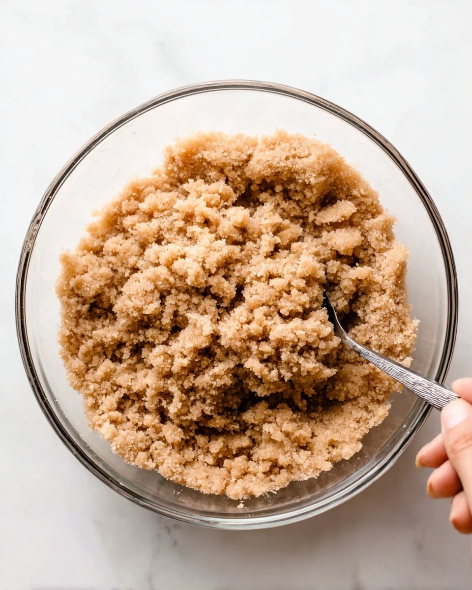 A clear glass bowl filled with a crumbly mixture of small, rough-textured pieces in light brown and tan shades. The mixture looks soft but grainy, with visible uneven clumps. A metal spoon is partially placed inside the bowl, with a woman's hand holding the spoon handle from the right side. The bowl sits on a white marbled surface, creating a clean and bright background. Photo taken with an iphone --ar 4:5 --v 7