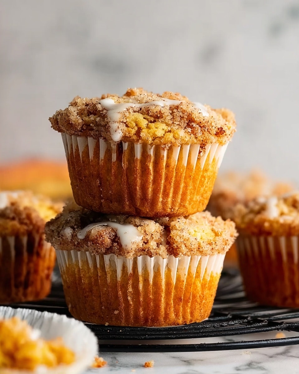 The image shows two golden brown muffins stacked on each other placed on white paper liners on a black wire rack. The muffins have a crumbly texture on top with some white drizzle, likely icing, scattered unevenly. In the background, there are more muffins that are slightly out of focus. The scene is set on a white marbled surface with soft natural lighting highlighting the muffins' texture and color. Photo taken with an iphone --ar 4:5 --v 7