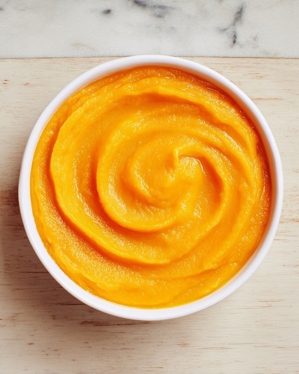 The image shows a white bowl filled with smooth, bright orange puree. The puree is swirled evenly in three visible layers creating a soft, creamy texture with a shiny surface. The bowl sits on a white marbled surface that contrasts with the vibrant color of the puree. photo taken with an iphone --ar 4:5 --v 7