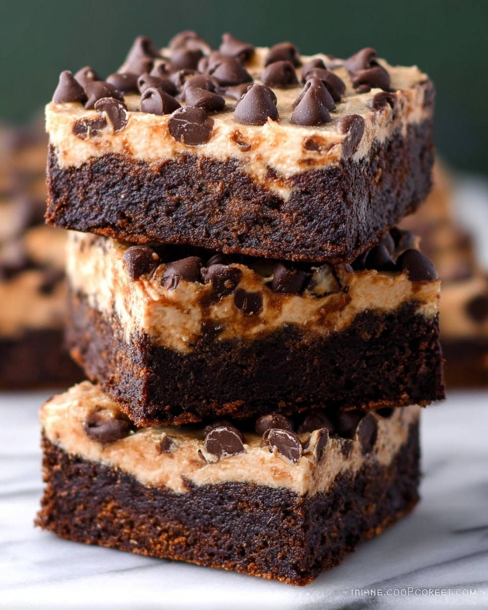 The image shows a close-up of three stacked brownie squares on a white marbled surface. Each brownie has two visible layers: a thick, rich, dark brown base with a dense, moist texture, and a top layer of light brown creamy frosting spread evenly, covered generously with dark chocolate chips scattered all over. The brownies look soft and thick, with the frosting slightly melting around the chips, giving a shiny effect. photo taken with an iphone --ar 4:5 --v 7