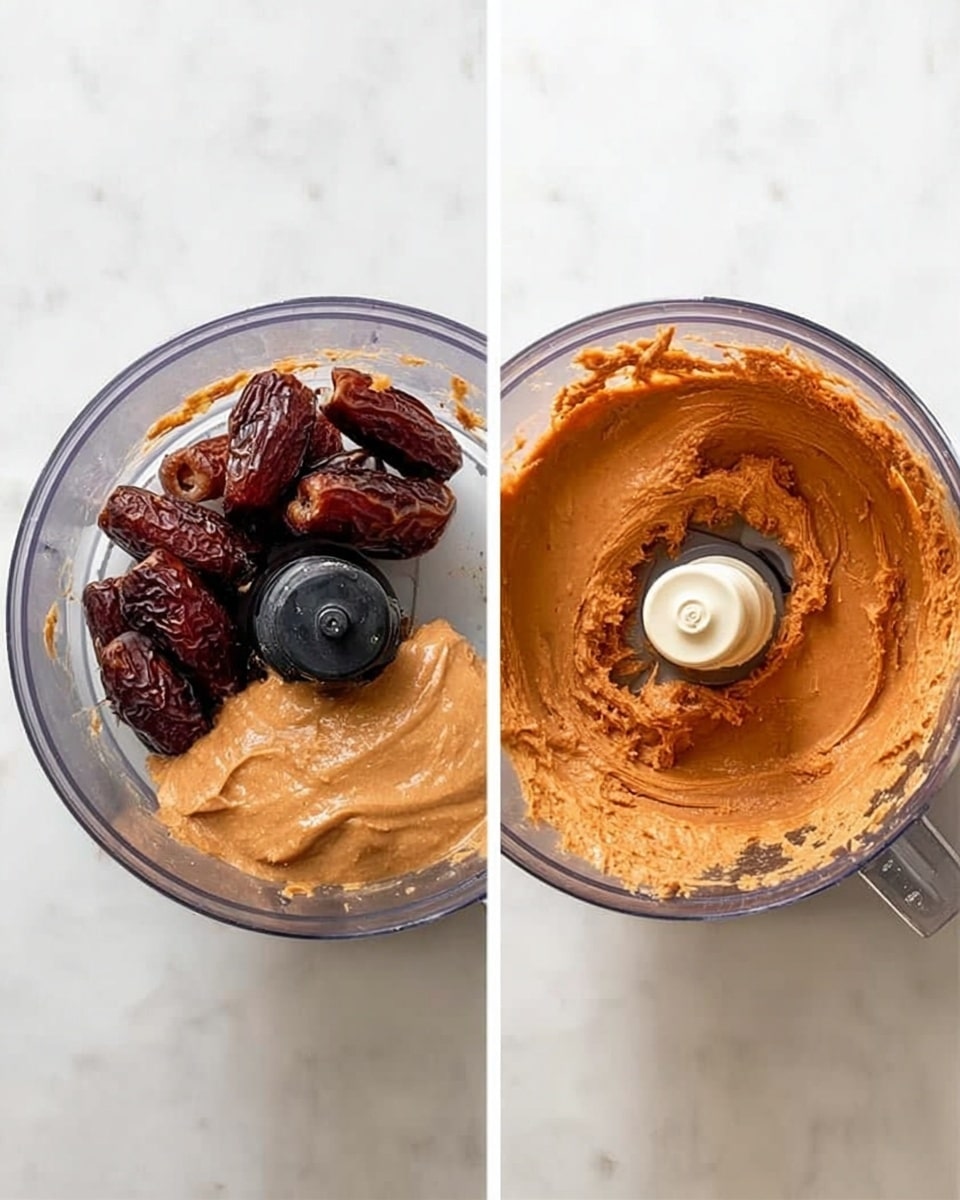 The image shows two top-down views of a clear food processor bowl on a white marbled surface. In the first view, the bowl contains a few dark brown dates piled on one side and a thick layer of light brown peanut butter spread on the other side. The second view shows the same bowl but now filled with a smooth, light reddish-brown creamy mixture made after blending the dates and peanut butter together, with some traces stuck to the sides of the bowl. Photo taken with an iphone --ar 4:5 --v 7