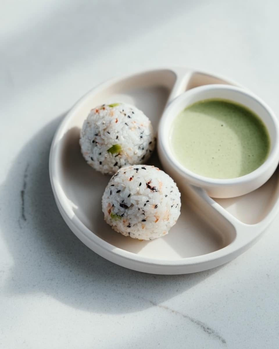 The image shows a white divided plate on a white marbled surface. On one side of the plate, there are two round rice balls with spots of black sesame seeds and small bits of ingredients inside, giving them a speckled look. The other side of the plate holds a small, white bowl filled with a smooth, pale green sauce. The lighting is soft and natural, making the textures clear and fresh. Photo taken with an iphone --ar 4:5 --v 7