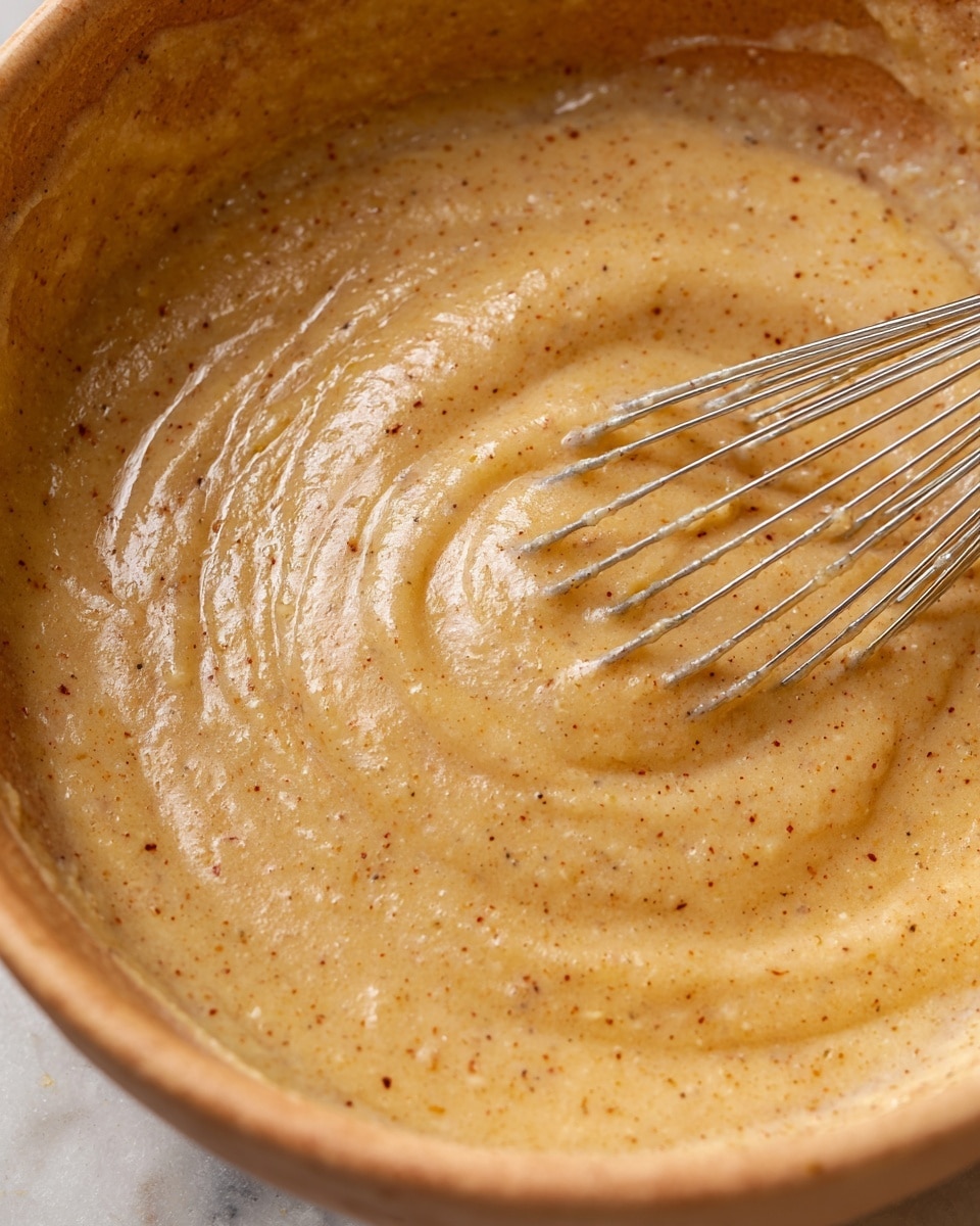 A close-up view of a smooth, creamy batter mixed in a bowl with visible small brown specks throughout, showing a slightly thick texture with a glossy surface. A metal whisk is partially immersed in the batter on the right side of the image. The bowl has a warm, light tan color inside, and the background is a white marbled texture. The batter looks evenly mixed and shiny, showing folds and swirls made by the whisk while mixing. Photo taken with an iphone --ar 4:5 --v 7