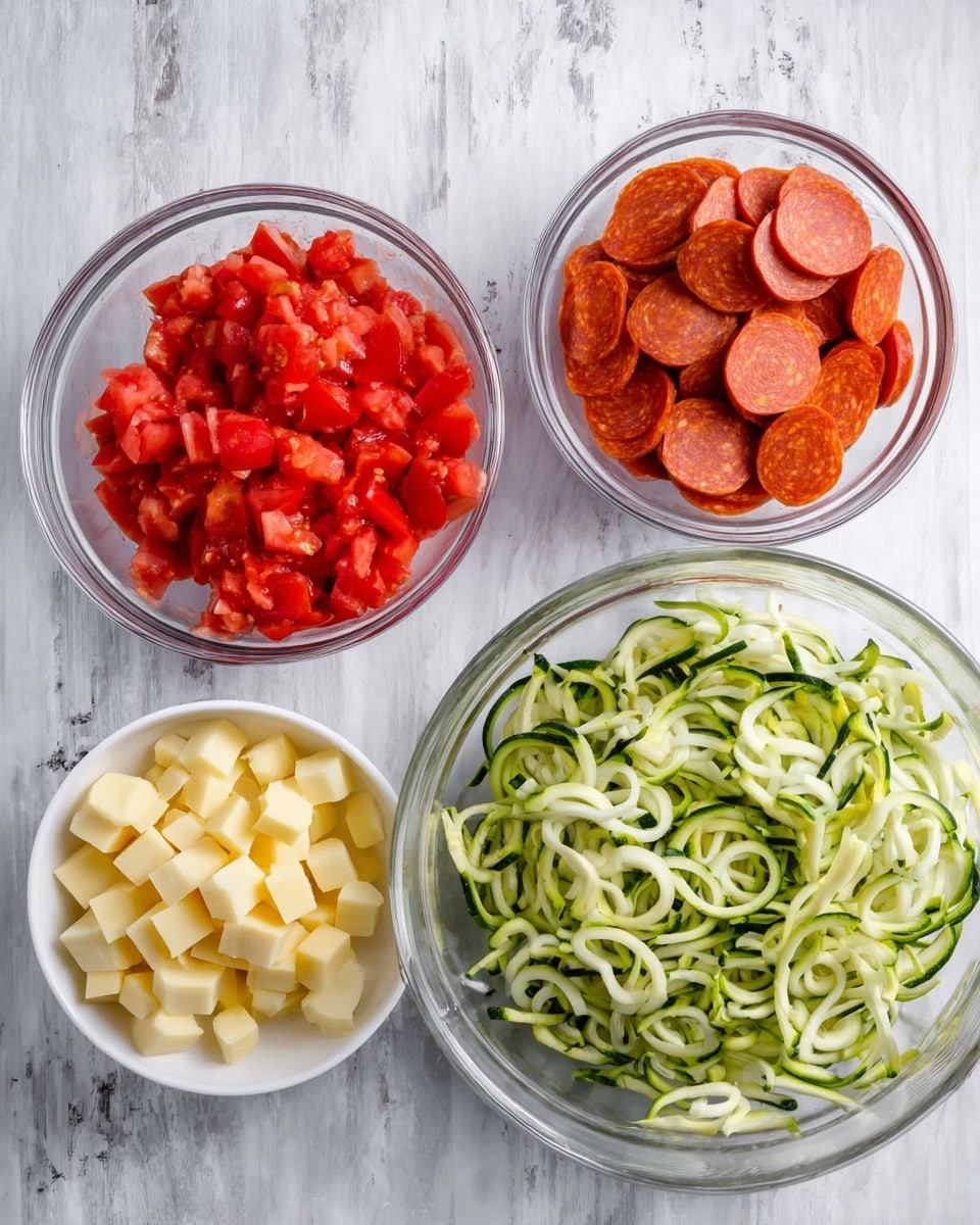 Four bowls are shown on a white marbled surface. The top left bowl holds bright red chopped tomatoes with a fresh, juicy texture. The bottom left bowl contains small cubes of pale yellow cheese. The bottom right bowl is filled with round, thin slices of orange pepperoni. The largest bowl, on the right, is clear glass and contains green zucchini noodles, thinly spiralized with a smooth, slightly glossy look. photo taken with an iphone --ar 4:5 --v 7