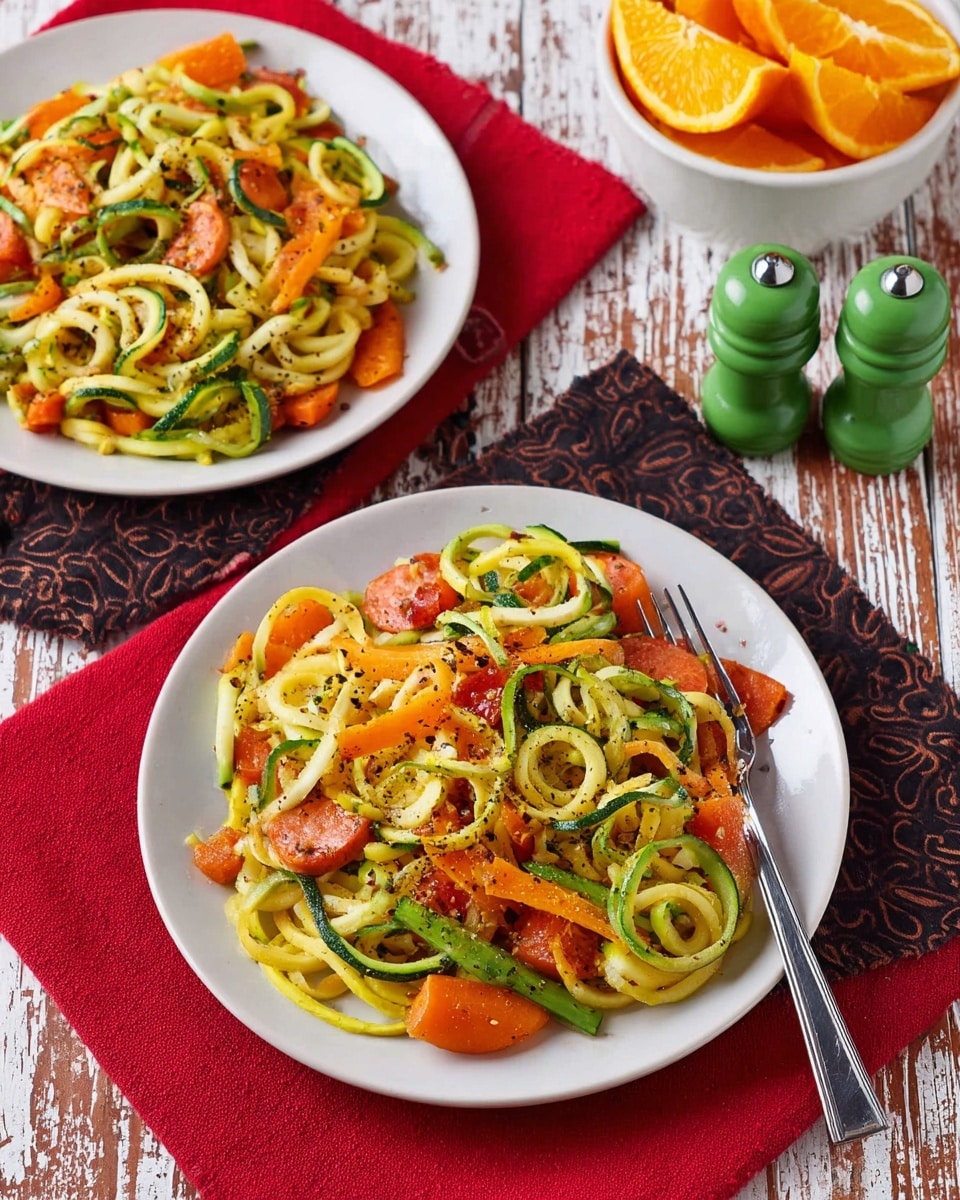 Two white plates hold a colorful vegetable noodle dish placed on a dark patterned cloth over a red napkin on a rustic white wooden surface. Each plate has a mix of spiral-shaped yellow and green noodles resembling zucchini and other vegetables, bright orange round slices, and red diced pieces all sprinkled with black pepper. A silver fork rests on the edge of each plate. In the background, there is a white bowl filled with more orange slices and a pair of green salt and pepper shakers. The setting is casual and vibrant with fresh, varied colors. photo taken with an iphone --ar 4:5 --v 7