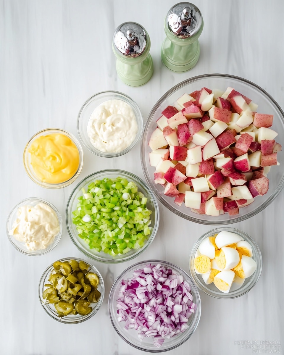 The image shows a top view of seven clear glass bowls arranged on a white marbled surface. The largest bowl, placed on the right side, is filled with red-skinned potato cubes with white flesh. Surrounding it are six smaller bowls: one with creamy white mayonnaise, one with bright yellow mustard or dressing, one with chopped green celery, one with chopped pickles in green and yellow hues, one with diced red onion showing purple and white colors, and one with chopped boiled eggs showing white and yellow pieces. Above the bowls, two vintage silver-topped salt and pepper shakers with light green glass bodies are placed side by side. The setup is clean and bright, emphasizing the colors and textures of each ingredient. Photo taken with an iphone --ar 4:5 --v 7