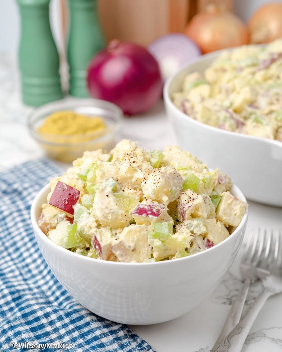 A white bowl filled with a creamy, chunky salad that has visible pieces of pale yellow potato, light green celery, small red apple chunks, and specks of black pepper on top, with a thick beige dressing binding the ingredients together; another large white bowl filled with the same salad is blurred in the background, all set on a white marbled surface with a blue and white checkered cloth nearby and blurred green salt and pepper shakers, a halved red onion, and a small glass bowl of yellow mustard behind. photo taken with an iphone --ar 4:5 --v 7