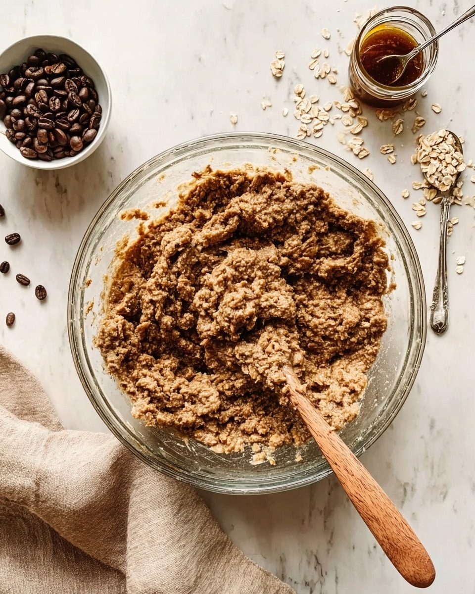 A clear glass bowl sits on a white marbled surface, filled with a rough-textured mixture of oats and brown dough, showing a thick and chunky consistency. A wooden spoon is partially buried in the mixture, its handle pointing outward. Around the bowl, there are scattered oats and a small white bowl filled with coffee beans, as well as a glass container with some dark spread or honey and a silver spoon inside it. A beige cloth is placed near the bowl, adding soft contrast to the scene. Photo taken with an iphone --ar 4:5 --v 7