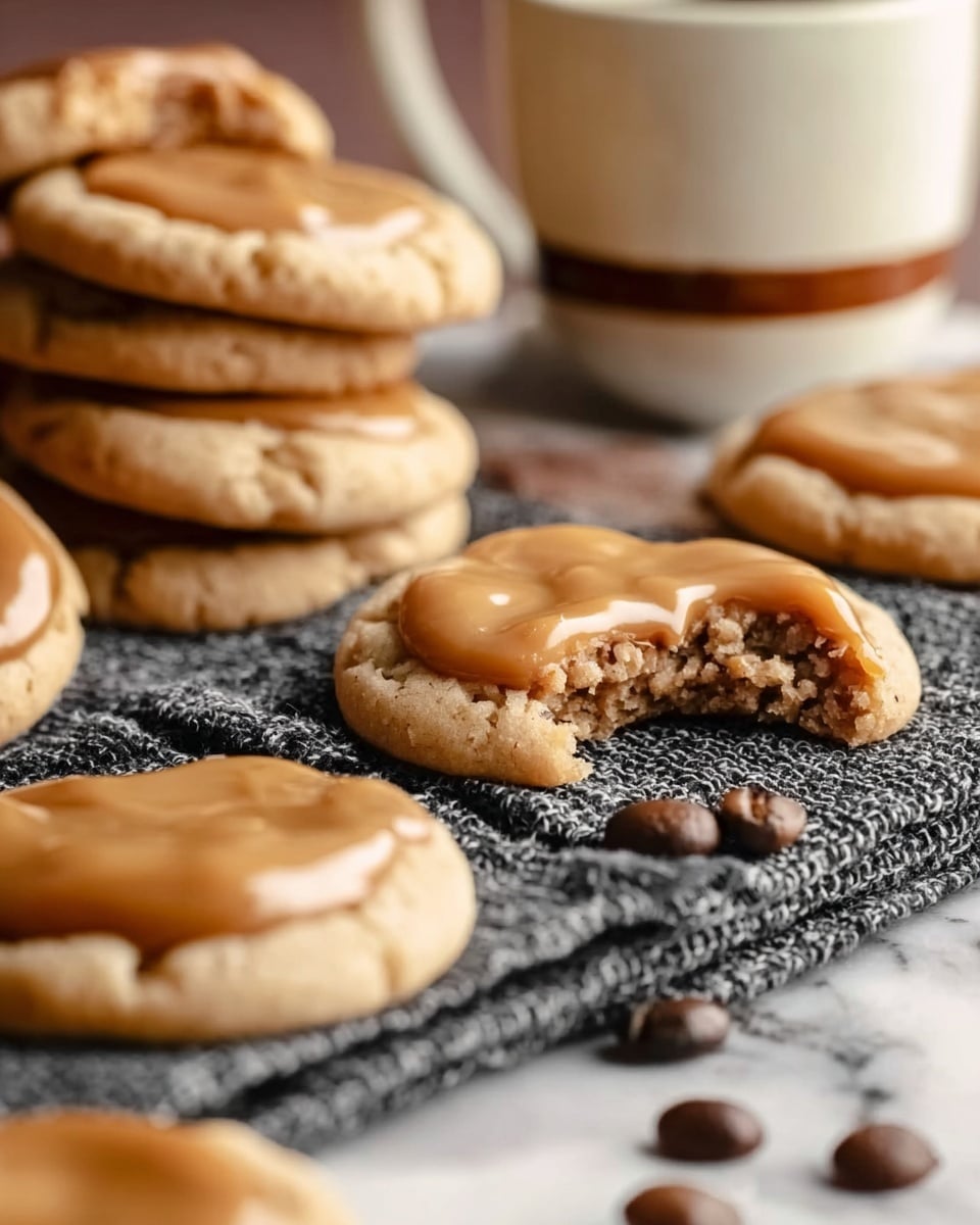 The image shows a close-up of several cookies on a dark grey textured cloth placed on a white marbled surface. The cookies are golden brown with a smooth, shiny caramel or butterscotch topping and have a soft texture. One cookie in the center has a bite taken from it, showing its soft inside. Coffee beans are scattered near the cookies. In the background, a white mug with a brown stripe around the middle is slightly out of focus. The scene looks warm and cozy. Photo taken with an iphone --ar 4:5 --v 7