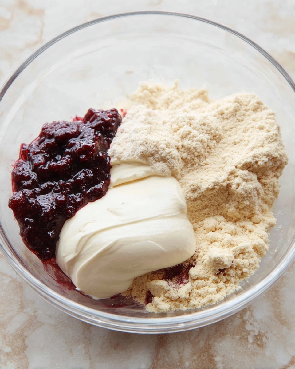 The image shows a clear glass bowl with four different ingredients inside, placed on a white marbled surface. One layer has a smooth, white creamy substance positioned on the left side. Next to it, on the top right, there is a light beige powder with a crumbly texture. Below that powder, on the bottom right, is another beige powder but with a softer, more compact look. At the bottom left, there is a dark red jam with small chunks and a glossy texture. Photo taken with an iphone --ar 4:5 --v 7