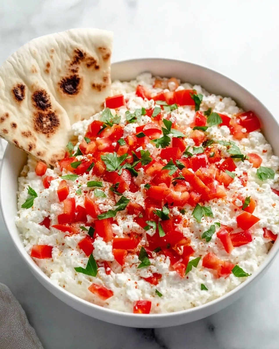 A white bowl filled with finely crumbled white cheese forming the main bottom layer. Scattered on top are small, loosely cut bright red tomato pieces and small chopped bright green parsley leaves evenly spread over the cheese. At the back of the bowl, a white flatbread with toasted brown spots leans against the cheese and tomatoes. The bowl is placed on a white marbled surface. photo taken with an iphone --ar 4:5 --v 7
