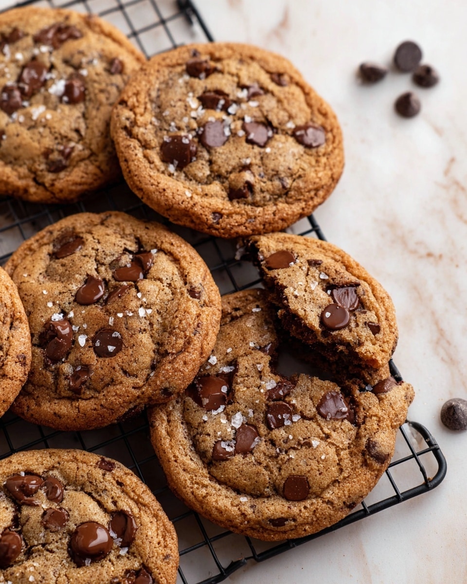 A close-up view of several soft chocolate chip cookies placed on a black cooling rack, each cookie showing a rough, slightly wrinkled light brown surface dotted with dark, melty chocolate chips. The cookies have a thick, slightly raised texture and are sprinkled with small, white flakes of sea salt. Scattered around the cookies are extra chocolate chips and cookie crumbs on a white marbled surface. Photo taken with an iphone --ar 4:5 --v 7