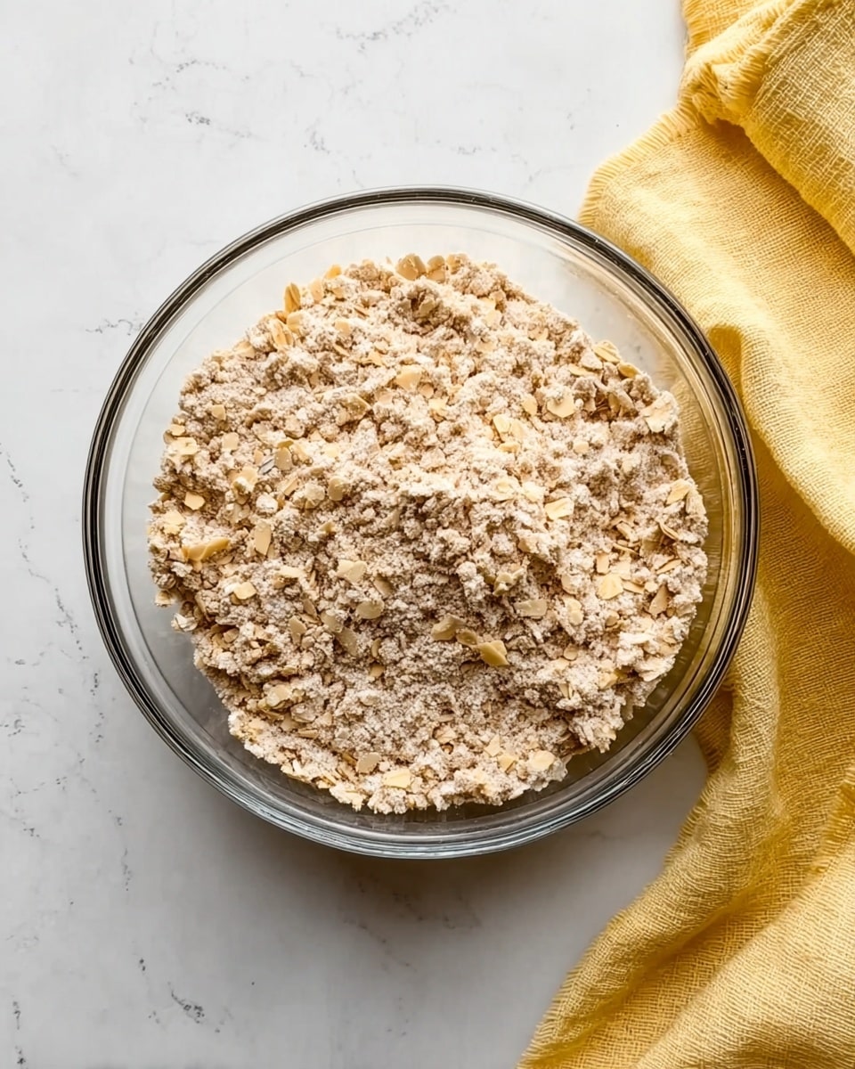 The image shows a clear glass bowl filled with a crumbly mixture that is light brown and beige in color, with visible oats and small clumps of dry texture. The bowl sits on a white marbled surface, and to the right, there is a soft yellow cloth with folds and a slightly rough fabric look. The crumbly mixture fills most of the bowl, with a few small uneven bits on top, giving it a textured and rustic appearance. Photo taken with an iphone --ar 4:5 --v 7