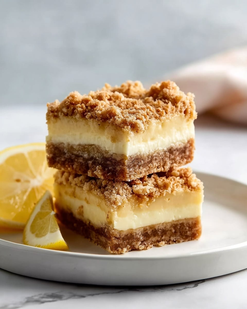 The image shows two square pieces of dessert stacked on a white plate. Each piece has three visible layers: a crumbly brown base, a thick creamy pale yellow middle, and a crumbly brown topping with a rough texture. A small slice of lemon is placed next to the dessert on the plate. The plate rests on a white marbled surface with soft natural light in the background, and a woman's hand is partly visible in the background. photo taken with an iphone --ar 4:5 --v 7