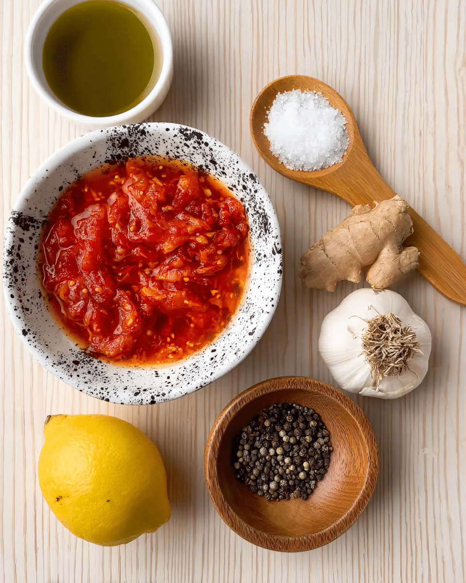 The image shows a white bowl with black speckles filled with a bright red chunky sauce with visible seeds and oil glistening on top. Above it, there is a white bowl with green liquid that looks like oil. To the right, a wooden spoon holds white salt, and next to it are two pieces of light beige ginger root. Below, a round wooden bowl contains mixed black and white pepper and salt. A whole garlic bulb is on the far right, and on the bottom left, there is a half yellow lemon showing its juicy segments. All items are placed on a light wood surface with a white marbled texture background. Photo taken with an iphone --ar 4:5 --v 7