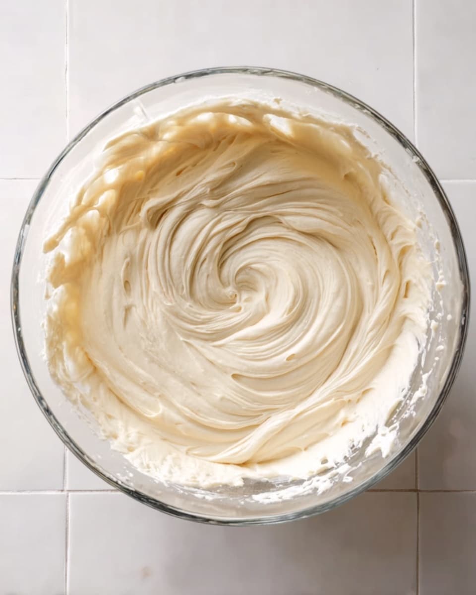 A clear glass bowl filled with smooth, creamy vanilla batter swirled in a circular pattern, showing soft peaks and light texture. The batter is pale yellow and evenly mixed, with some batter clinging to the sides of the bowl. The bowl is placed on a white marbled textured surface with a white tiled background visible behind it. Photo taken with an iphone --ar 4:5 --v 7