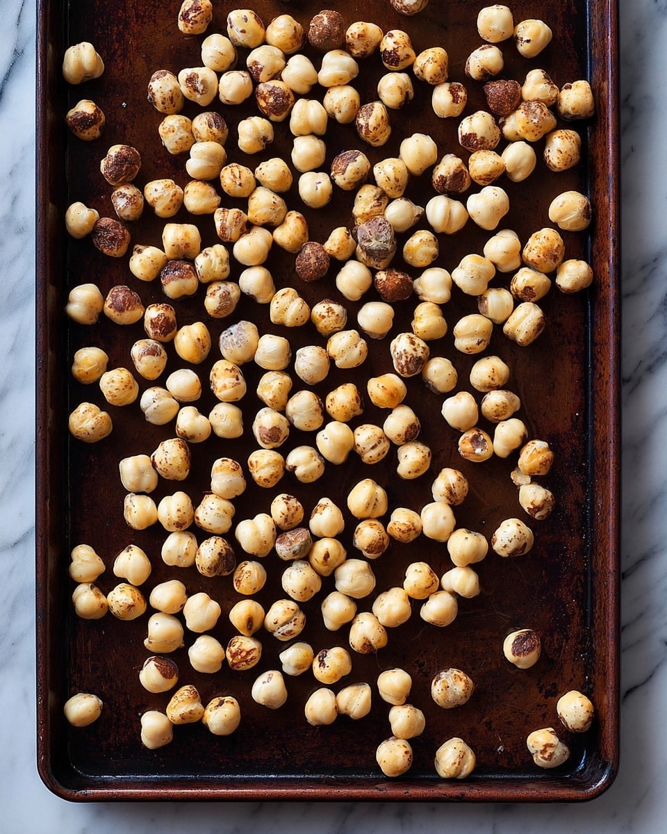 A dark baking tray full of lightly toasted hazelnuts spread evenly across the surface, showing a mix of pale cream and golden brown colors with some nuts having a few darker spots. The tray's edges frame the scattered round nuts, each with a smooth texture and slight irregularities, all against a white marbled background. photo taken with an iphone --ar 4:5 --v 7