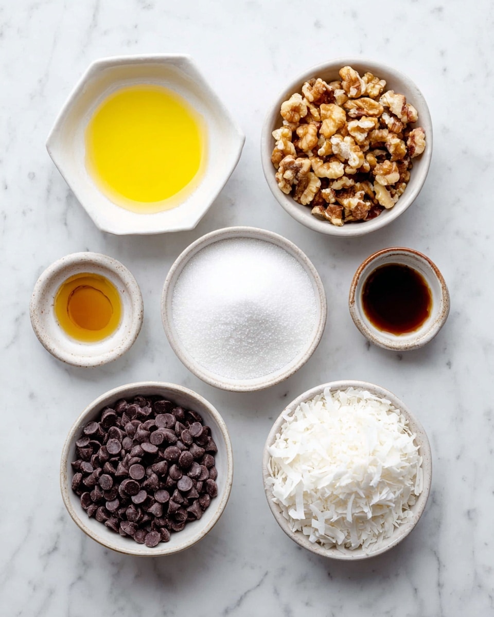 Six small white bowls are arranged on a white marbled surface in a loose hexagon shape. The top left bowl contains yellow melted butter with a smooth shiny surface. The top middle bowl holds chopped walnuts in medium brown tones with rough textures. The top right bowl is filled with fine white sugar, smooth and granulated. The bottom left bowl has dark brown chocolate chips, shiny and round. The bottom middle bowl is slightly larger, filled with fluffy white coconut flakes, showing a light texture. The bottom right bowl contains a small amount of dark amber vanilla extract with a clear, glossy look. photo taken with an iphone --ar 4:5 --v 7