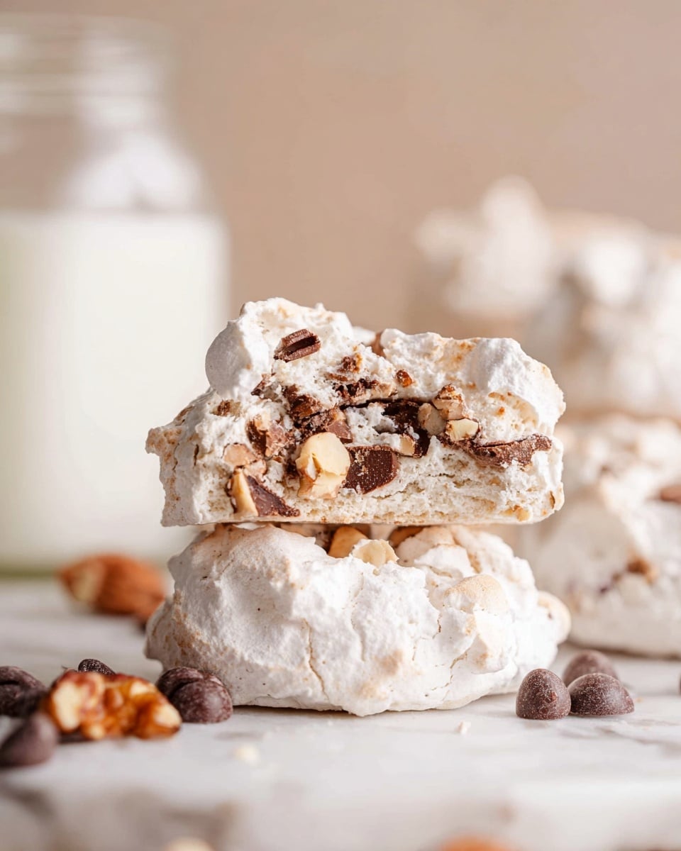 The image shows a pair of white, bumpy textured meringue cookies stacked on a white marbled surface, with the top cookie broken to reveal a rough inside filled with pieces of dark brown chocolate chunks and light beige nuts. Around the cookies are scattered a few dark chocolate chips and nuts. The background is softly blurred, featuring a tall glass jar of white liquid, likely milk, and more stacked cookies in the distance. The colors are soft and neutral, focusing on the contrast between the white meringue and the darker chocolate pieces photo taken with an iphone --ar 4:5 --v 7
