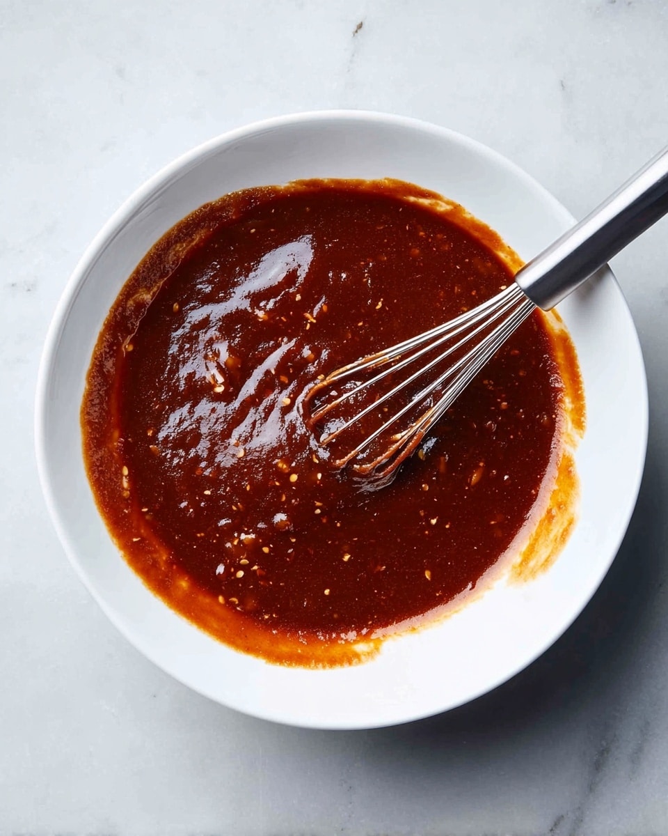 A white plate holds one thick layer of dark reddish-brown sauce with a glossy texture, small bits mixed throughout. A small silver whisk rests inside the sauce, with its handle leaning out over the edge of the plate. The sauce spreads unevenly near the edges of the plate, showing some smudges on the white surface. The background is a white marbled texture. photo taken with an iphone --ar 4:5 --v 7