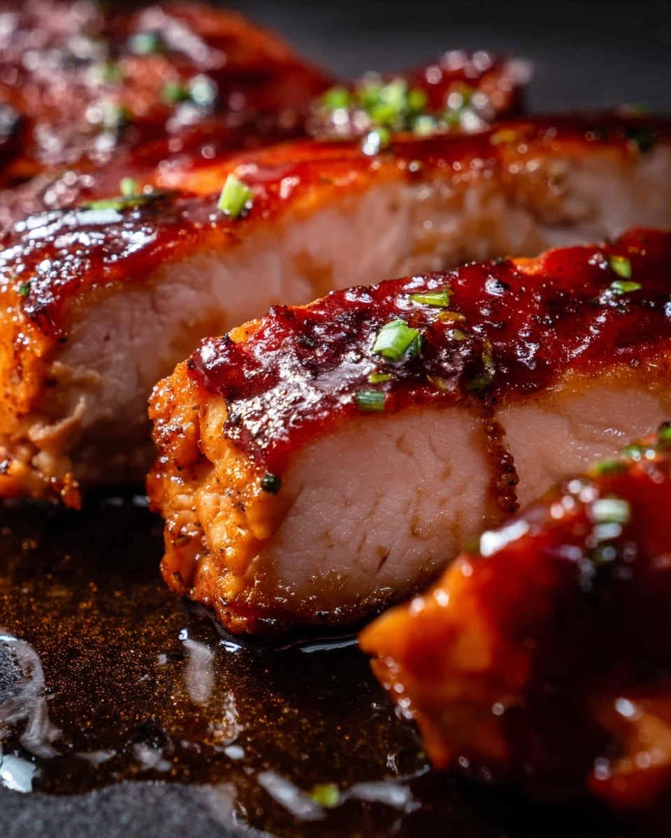 The image shows a close-up of sliced cooked chicken with a shiny dark red glaze covering the top layers. The chicken pieces have a moist, tender inside with a slight pinkish color and a caramelized, crispy edge at the bottom. Small green pieces of chopped herbs are sprinkled on top, adding a fresh touch to the rich glaze. The chicken lies on a dark surface that has some shiny liquid around it, enhancing the glossy look of the sauce photo taken with an iphone --ar 4:5 --v 7