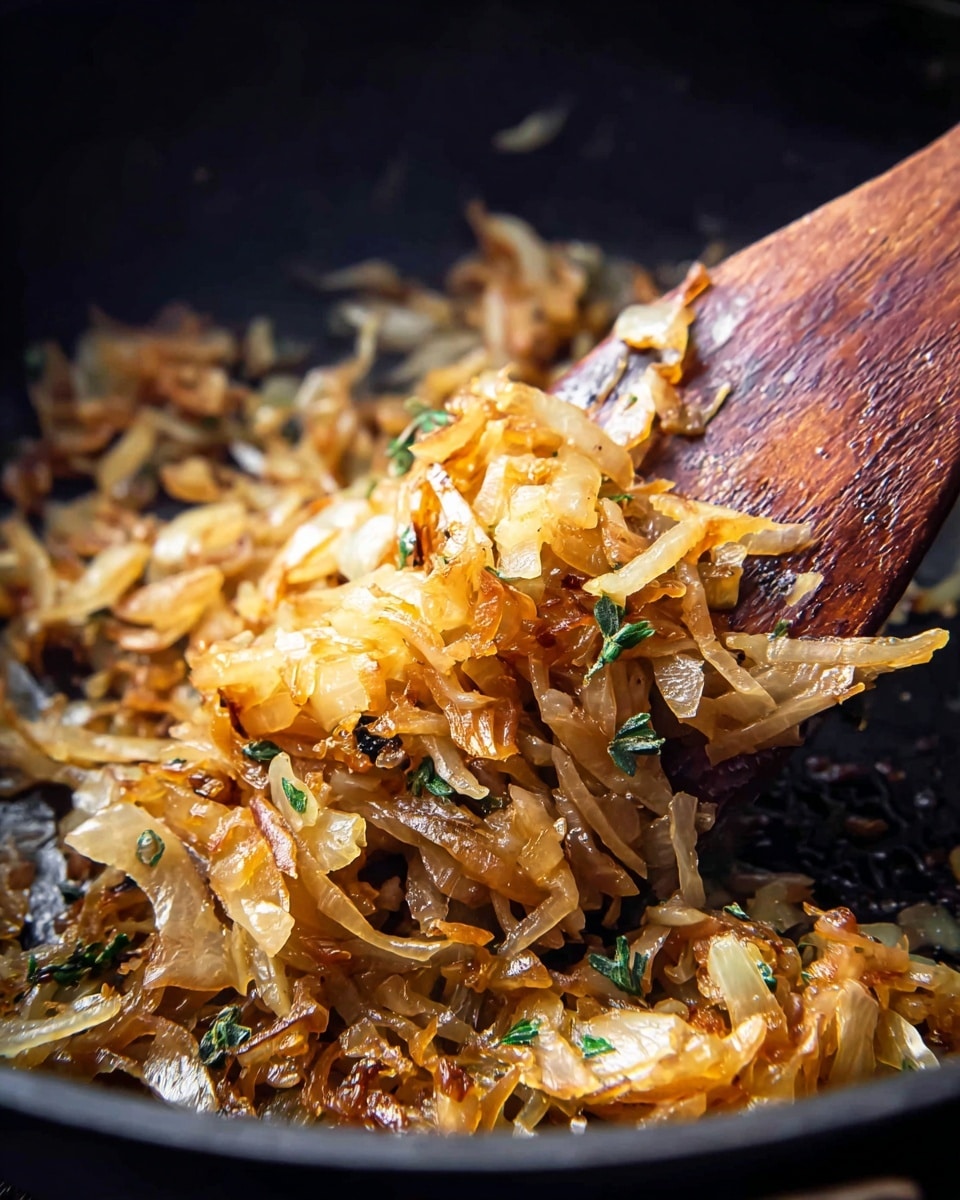 A close-up view of thin, golden-brown caramelized onion slices mixed with small green herb leaves, cooking in a black pan. The onions have a glossy, soft texture with some slightly crispy edges, and a vintage wooden spatula is lifting a portion from the pan, showing the shiny, cooked layers of onions and herbs. The background is out of focus, emphasizing the rich colors and textures of the onions. Photo taken with an iphone --ar 4:5 --v 7