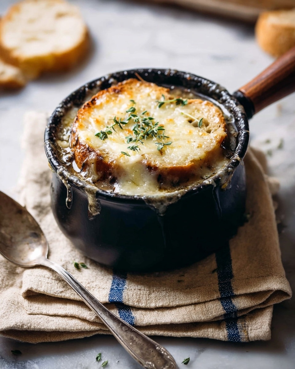 A black soup pot with a wooden handle sits on a folded beige cloth with blue stripes over a white marbled surface. Inside the pot, three thick layers form the dish: the bottom layer is dark brown soup, followed by a layer of soft bread pieces soaked in the soup, and the top layer is melted, golden-browned cheese with a slightly bubbly texture, garnished with small green herb leaves. A vintage spoon is placed on the cloth near the pot, and a blurred piece of bread is visible in the background. Photo taken with an iphone --ar 4:5 --v 7