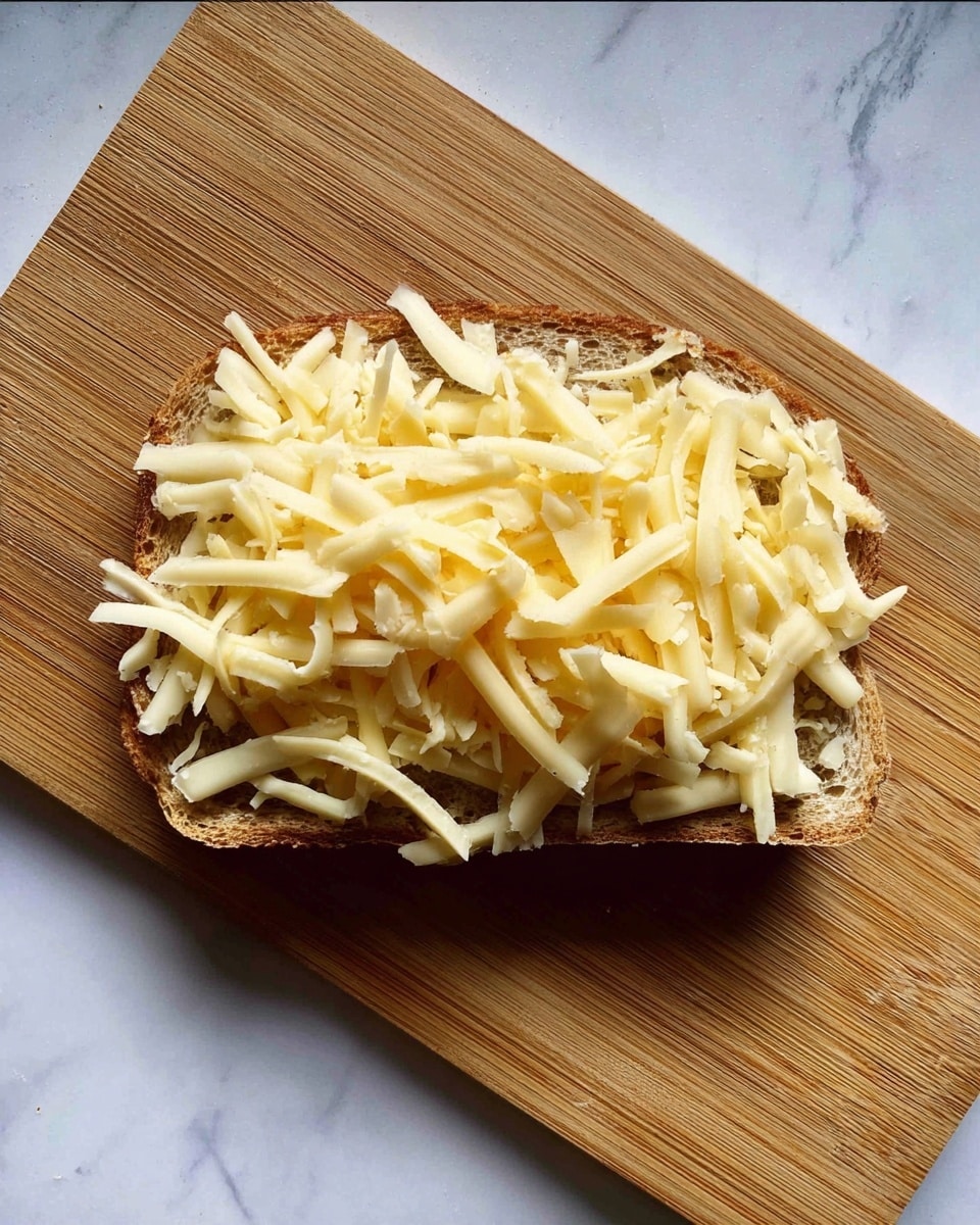 A single slice of brown bread lies flat on a wooden cutting board with thin, uneven strands of shredded pale yellow cheese piled high and scattered loosely across the top, some pieces extending beyond the bread edges, capturing a natural, lightly textured look. The wooden cutting board sits on a surface with a white marbled texture. photo taken with an iphone --ar 4:5 --v 7