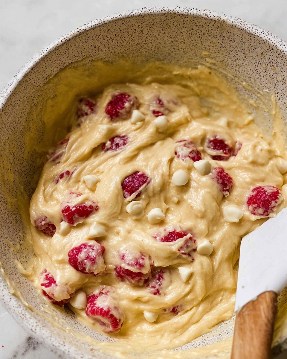 A close-up view of thick, pale yellow batter with a creamy texture mixed with bright red raspberries and white chocolate chips inside a white speckled bowl, a white spatula with a wooden handle is partially visible in the lower right corner, blending into the batter, the scene set against a white marbled surface photo taken with an iphone --ar 4:5 --v 7