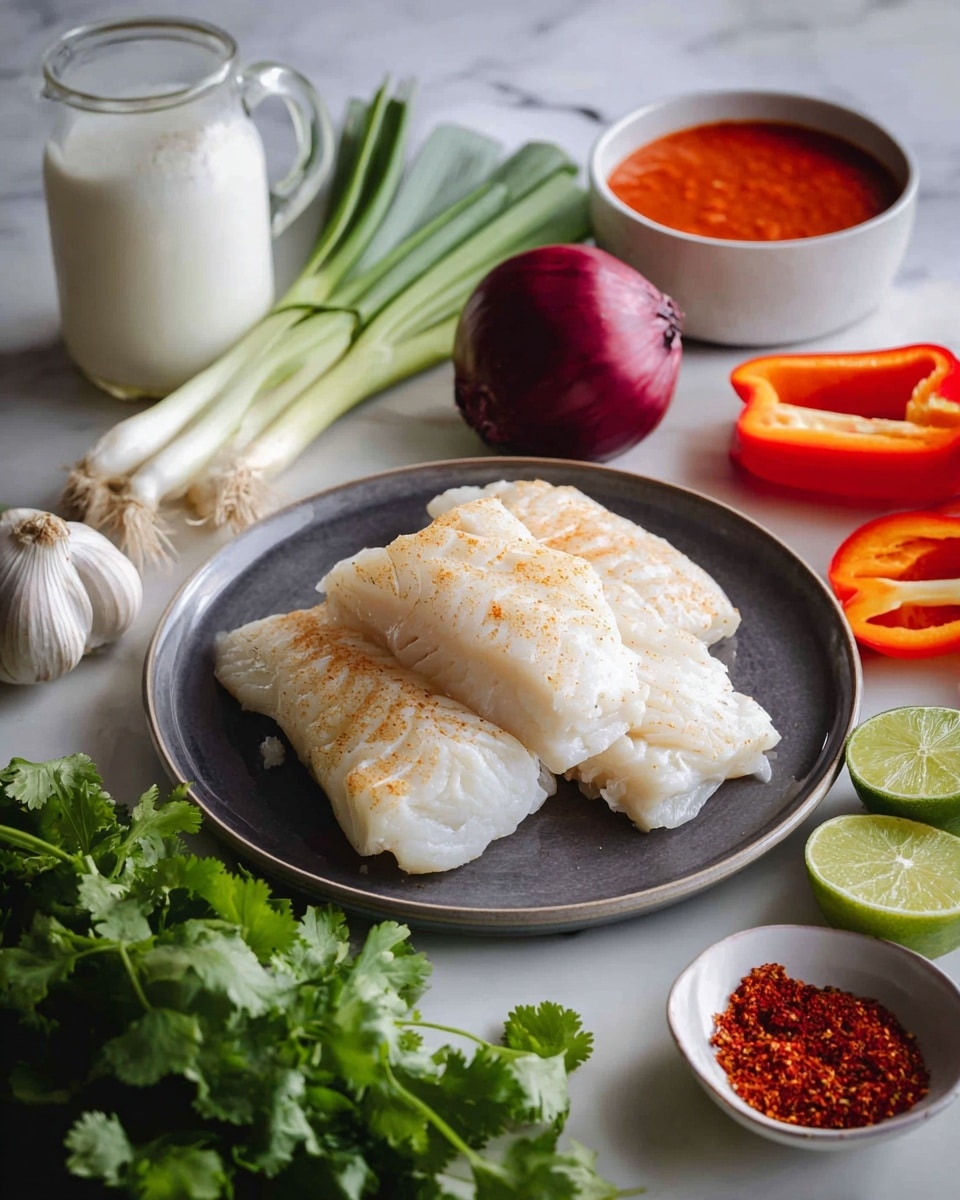 A dark gray round plate in the center with three white fish fillets showing a light grilled texture and soft, flaky layers on top; the plate is on a white marbled surface surrounded by fresh green leafy cilantro and celery on the right and bottom edges, bright orange bell peppers to the right, and a halved purple onion behind them. To the left, there is a bulb of garlic, stalks of green onions, a glass jug with white liquid, and a white bowl filled with red sauce. In the foreground, a small white dish holds bright red spices next to lime wedges scattered on the marbled surface. Photo taken with an iphone --ar 4:5 --v 7