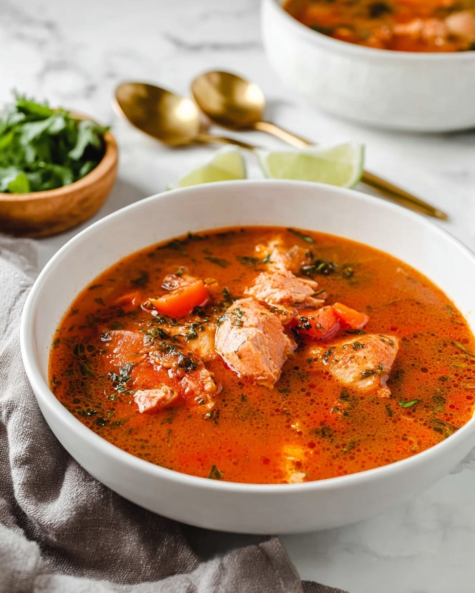 The image shows a white bowl filled with a thick, orange-red soup with visible chunks of cooked salmon pink fish pieces, small orange carrot chunks, and flecks of green herbs mixed in the broth. The soup has an oily, rich texture with bits of tomato and herbs giving it a colorful, hearty look. Behind the bowl on a white marbled surface are two golden spoons, a small wooden bowl with fresh green cilantro leaves, and lime wedges partly visible near the edge of another white bowl with more soup. A soft grey cloth is also seen folded near the bowl in the forefront. photo taken with an iphone --ar 4:5 --v 7