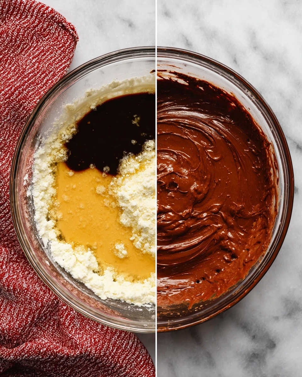 A clear glass bowl is shown from above on a white marbled surface with a red and white cloth nearby. The left side shows three layers inside the bowl: a white creamy layer around the edges, a dark brown liquid layer on the top right, and a yellowish beaten egg layer on the bottom left. On the right side, the same bowl now contains a smooth, thick chocolate batter mixed evenly, with some swirled patterns on top. Photo taken with an iphone --ar 4:5 --v 7
