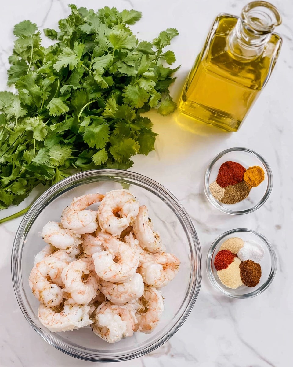 The image shows a clear glass bowl filled with light pink and white cooked shrimp, placed on a white marbled surface. To the top right of the bowl, there is a small clear glass bowl divided into six sections with different spices in red, white, yellow, pale brown, dark brown, and beige colors. To the left of the shrimp bowl, a bunch of fresh green cilantro leaves rests on the white marbled surface. To the right of the shrimp bowl, there is a tall, clear glass bottle filled with golden olive oil. The colors and textures create a fresh and vibrant cooking scene. photo taken with an iphone --ar 4:5 --v 7