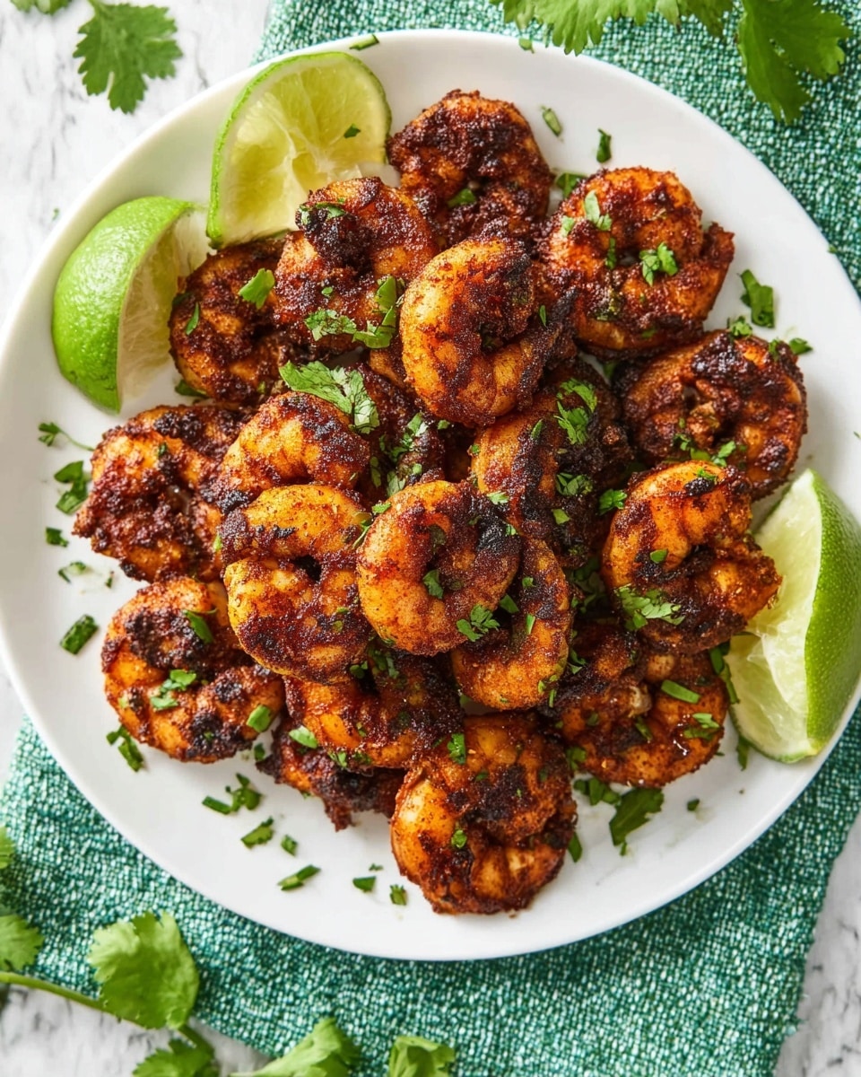 A white plate holds a pile of about twenty grilled shrimp, each coated in a dark, slightly charred reddish-brown spice mix. The shrimp are arranged in a loose mound near the center of the plate. Bright green chopped herbs are sprinkled over the shrimp and scattered around the plate. Two lime wedges, one on the left and one on the right side of the plate, add fresh green highlights. The plate sits on a textured green cloth, all placed on a white marbled surface with some loose herb leaves around. Photo taken with an iphone --ar 4:5 --v 7
