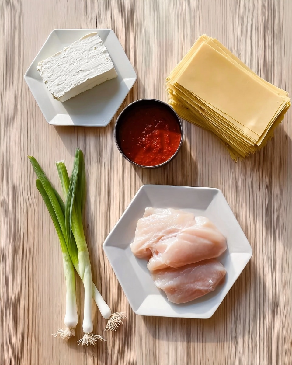 The image shows a wooden table with five main elements arranged neatly. In the top right, there is a small black saucepan filled with red tomato sauce. Below it, on a white hexagonal plate, lies a pale pink piece of raw chicken meat. To the left of the chicken, another white hexagonal plate holds a block of white cream cheese. Above the cheese, a bundle of three green onions with white roots rests diagonally, with their green stalks pointing upward. In the top right corner, there are several square layers of yellowish pasta sheets stacked neatly. The overall background is a light wooden texture. photo taken with an iphone --ar 4:5 --v 7