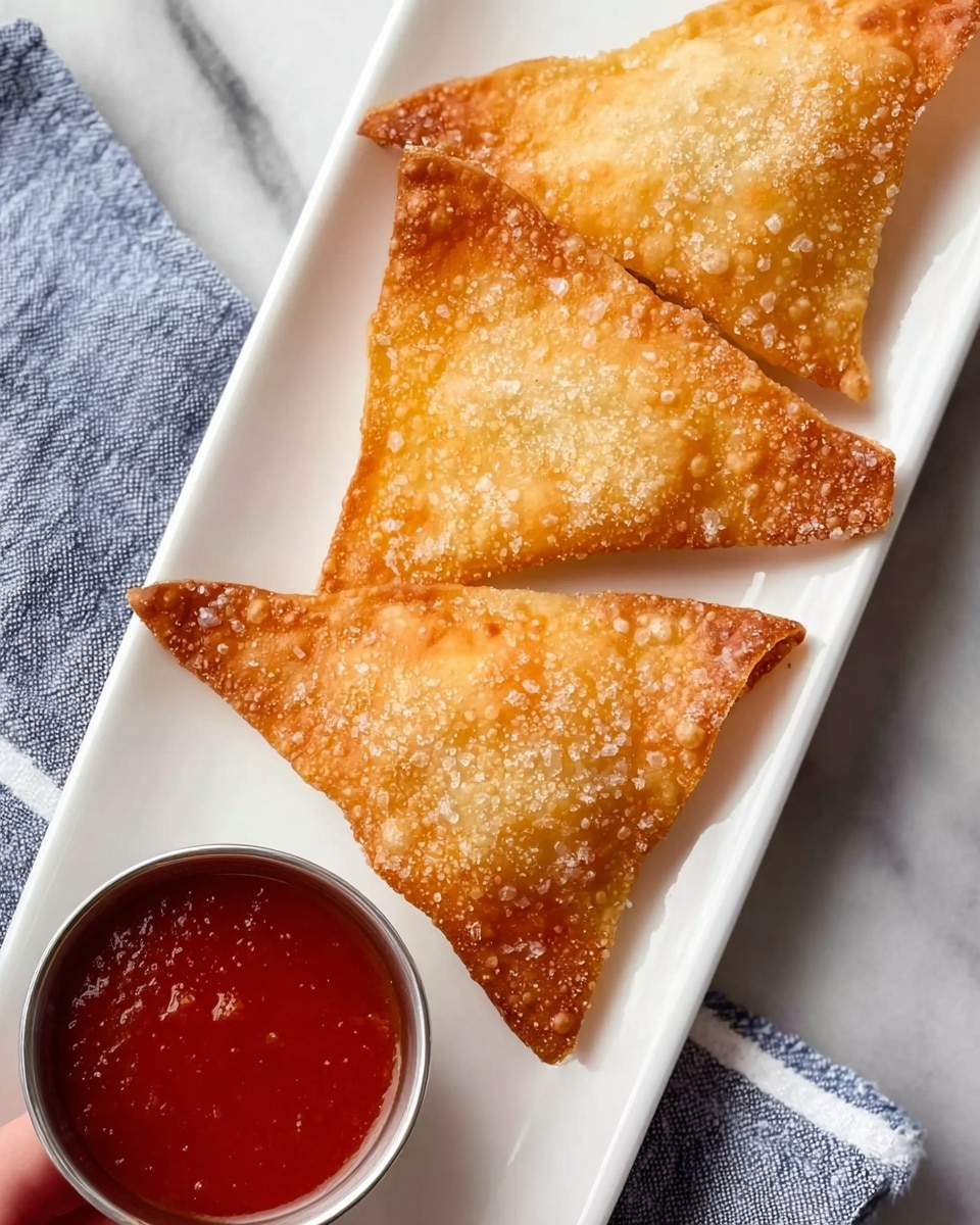 The image shows three golden brown, crispy triangular snacks placed side by side on a long white plate. Each snack has a bubbled, crunchy texture with a light dusting of salt on top. At the bottom left corner of the plate, there is a small silver container filled with smooth red sauce. The plate is set on a white marbled surface with a folded blue and white striped cloth underneath part of the plate. A woman's hand holds the top snack slightly. photo taken with an iphone --ar 4:5 --v 7