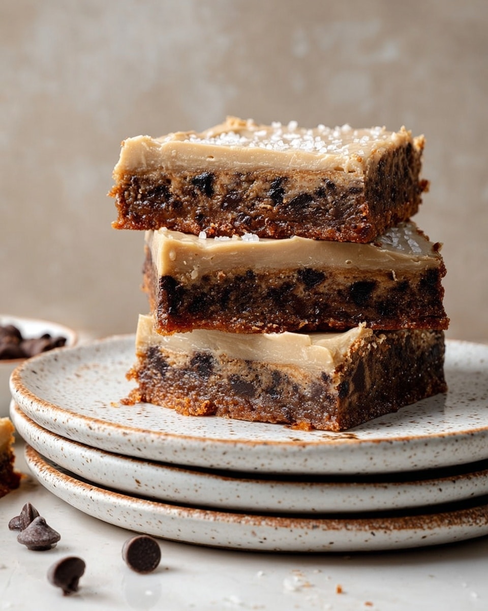The image shows a stack of four thick dessert bars with three main layers visible. The bottom layer is a dense, dark brown with many chocolate chunks embedded. Above it, a slightly lighter brown layer with more chocolate chunks is stacked. The top layer is a smooth, creamy light tan frosting with a few coarse salt flakes on top. The bars are placed on a white speckled plate, which rests on a stack of two other white speckled plates, all set on a white marbled textured surface. Around the plate, there are a few scattered chocolate chips. Photo taken with an iphone --ar 4:5 --v 7
