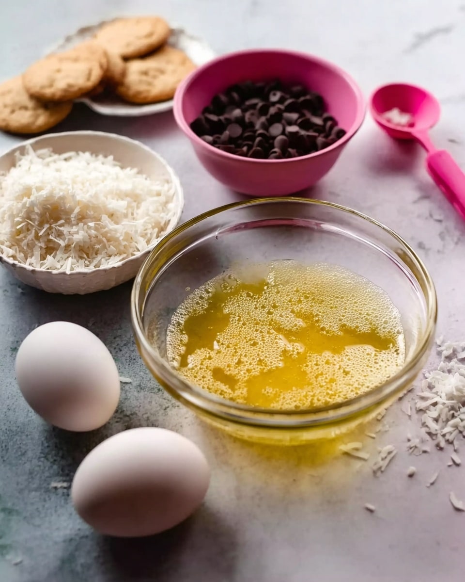 A clear glass bowl sits in the center filled with melted butter, yellow and bubbly on the surface. Nearby are two white eggs with smooth shells, resting on a dark surface. To the left, a small white bowl is filled with white shredded coconut, and behind it, a pink bowl holds shiny dark chocolate chips. Behind the bowls are two small white dishes containing light brown round cookies. The white marbled surface contrasts softly with the colors of the ingredients, creating a calm and inviting scene. A pink measuring spoon also rests in the background. Photo taken with an iphone --ar 4:5 --v 7