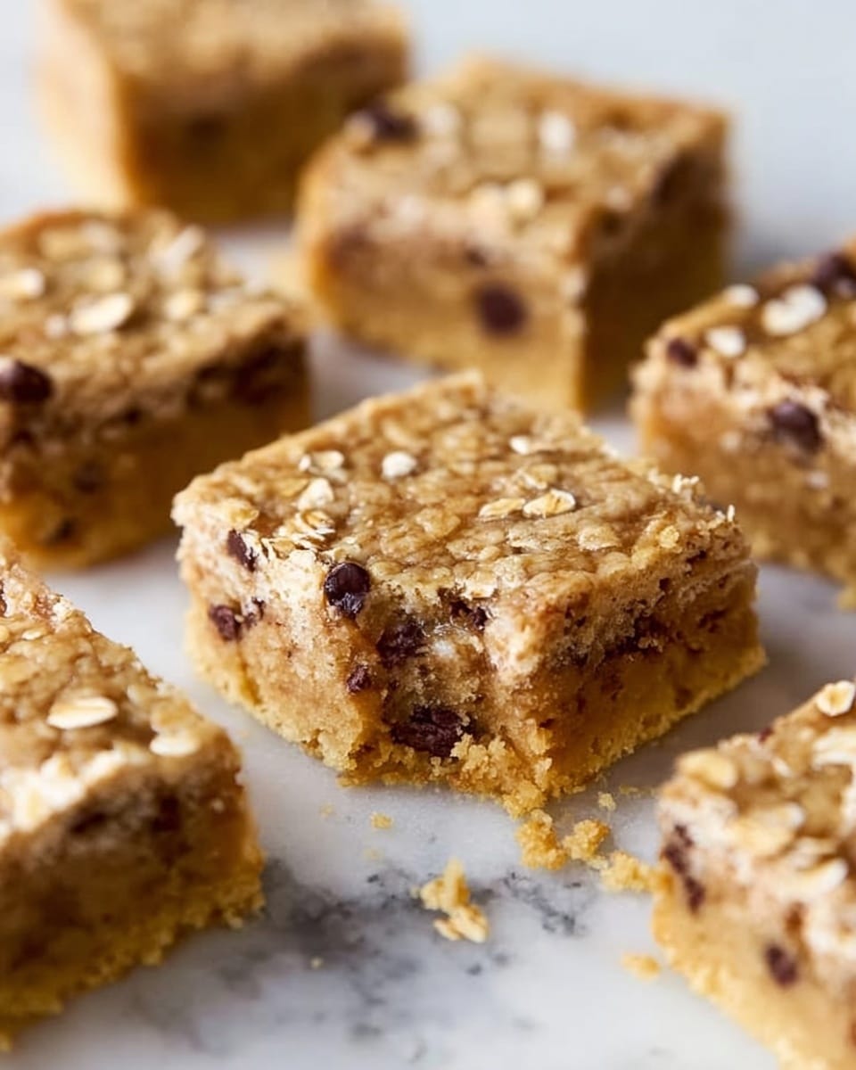 The image shows several square bars arranged on a white marbled surface. Each bar has two visible layers: a top layer with a light tan color and a slightly rough texture, sprinkled with small oat flakes, and a bottom layer that is a golden brown with embedded dark chocolate chips. The bars have clean, straight edges and a soft but firm look, with some crumbs scattered around. The focus is on the center bar, with other bars slightly blurred in the background. photo taken with an iphone --ar 4:5 --v 7