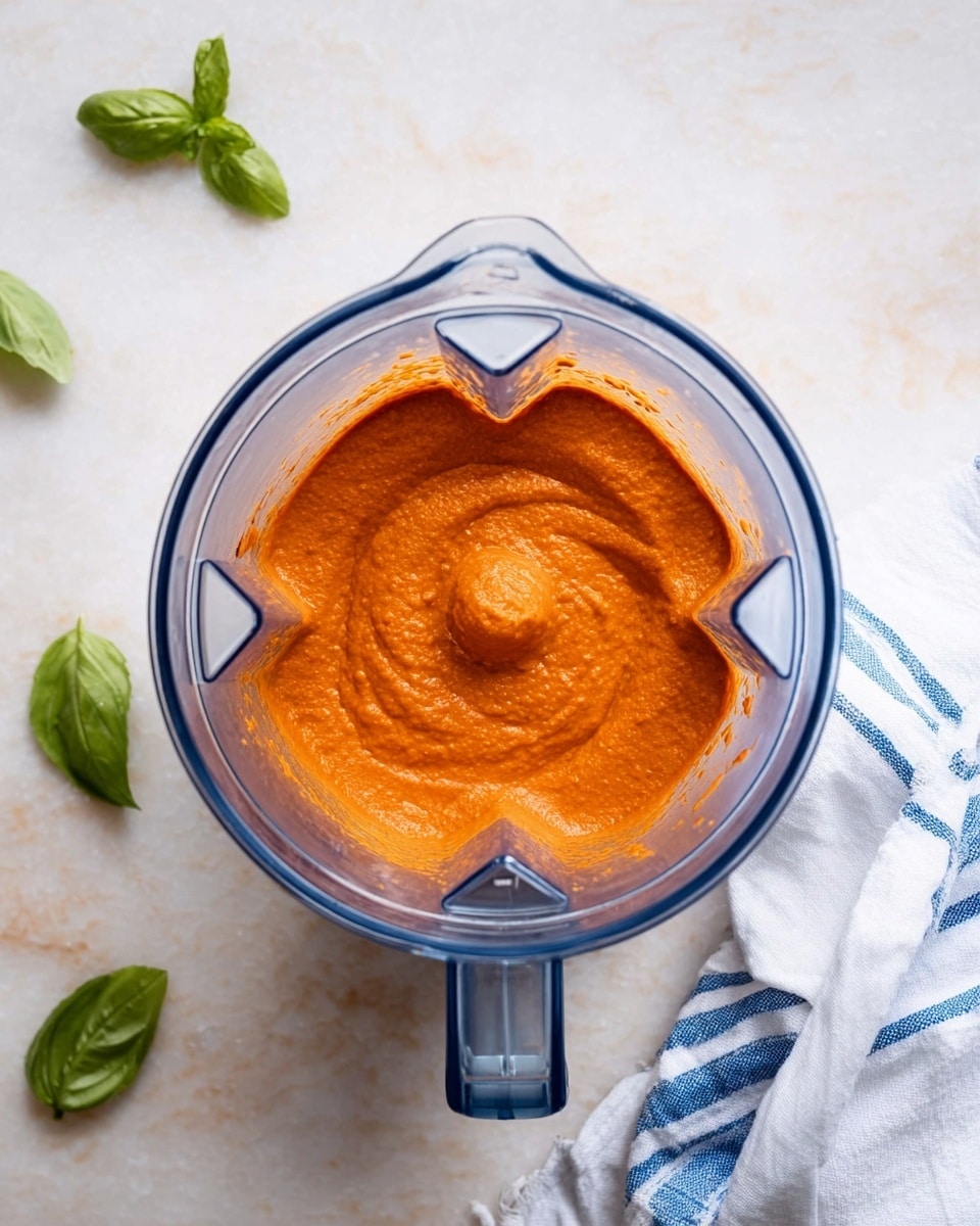 A clear blender container sits on a white marbled surface, filled with a smooth, thick orange sauce that has a slightly textured surface with some swirls and peaks. Around the blender are a few green basil leaves, and a white cloth with blue stripes lies next to it on the right side. The blender’s clear handle is visible on the right, showing the container’s clean and modern design. Photo taken with an iphone --ar 4:5 --v 7