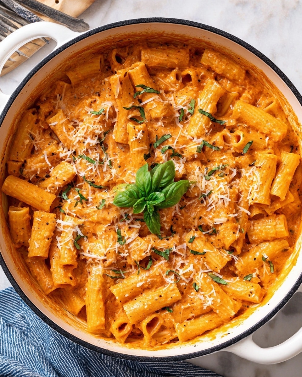 The image shows a white pot filled with rigatoni pasta in a thick orange creamy sauce, mixed evenly throughout. The pasta pieces are tube-shaped with ridges, covered in the sauce that gives a smooth but slightly chunky texture. On top, there are thin strands of grated white cheese and small chopped green basil leaves scattered, adding contrast. A small bunch of fresh green basil leaves sits in the center as a garnish. The pot is placed on a white marbled surface with a blue-striped cloth partially visible at the bottom left corner. Photo taken with an iphone --ar 4:5 --v 7