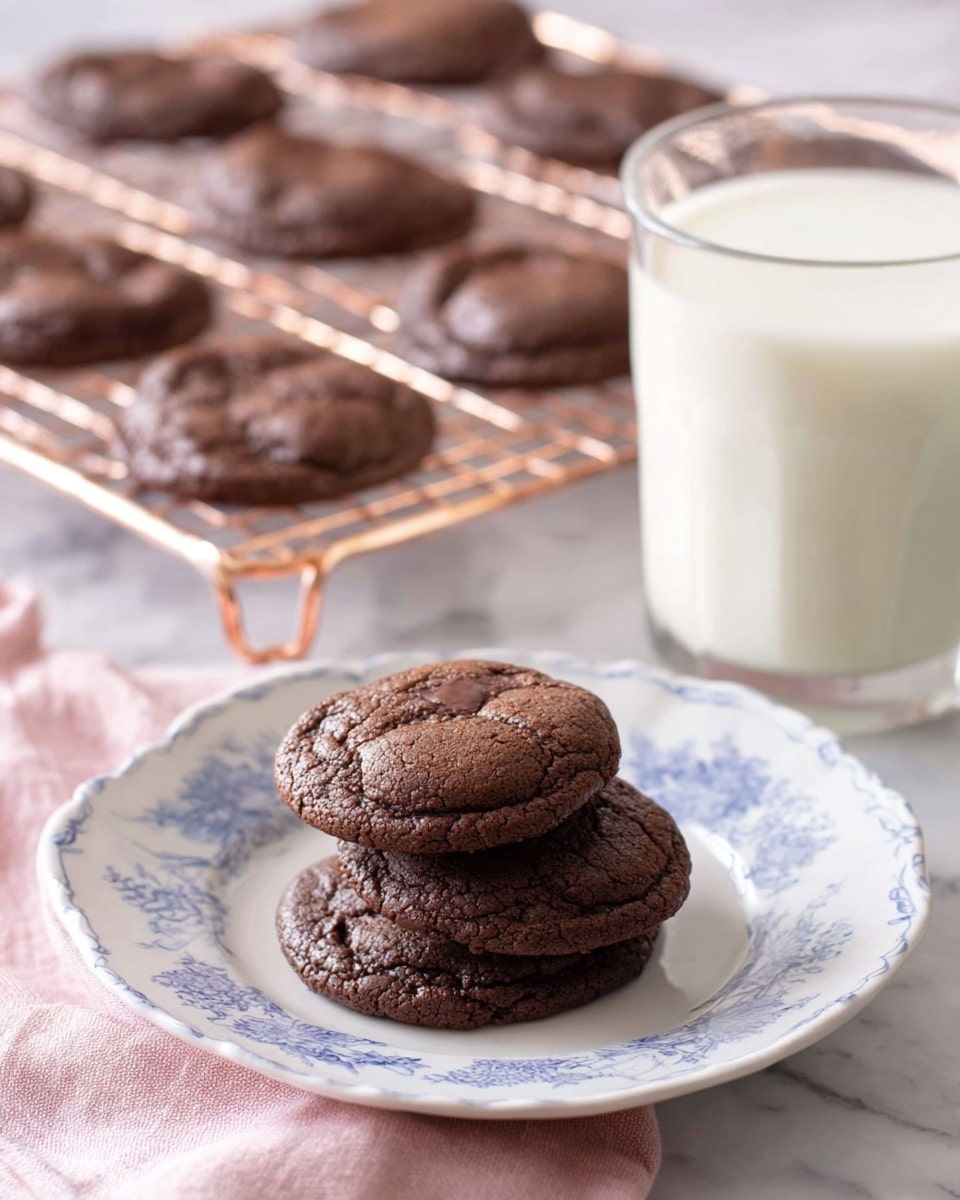 Two dark brown chocolate cookies with a soft and slightly cracked texture are stacked on a white plate with blue floral patterns, resting on a soft pink cloth. Behind the plate, more cookies are placed on a rose gold cooling rack, showing their round shape and soft texture. To the right, a clear glass filled with white milk stands on a white marbled surface, adding a fresh contrast to the rich cookies. Photo taken with an iphone --ar 4:5 --v 7