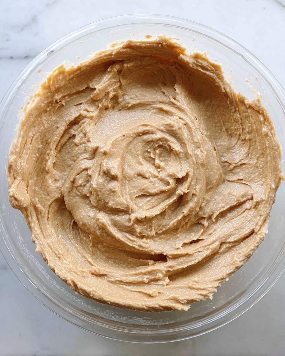 The image shows a close-up of a thick, smooth, light brown batter spread in a clear bowl. The batter has a creamy texture with some soft ridges and swirls on the surface, suggesting it was recently mixed. The bowl sits on a white marbled surface, and no other items are visible around it. Photo taken with an iphone --ar 4:5 --v 7