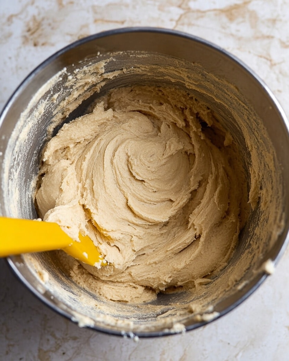 A close-up view inside a silver mixing bowl filled with a thick, light beige dough that has a smooth but slightly textured surface with swirls and folds. A yellow spatula is partially visible on the left side, coated with the dough. The bowl rests on a white marbled surface, and the dough looks soft and well-mixed, covering the bowl’s sides unevenly. photo taken with an iphone --ar 4:5 --v 7