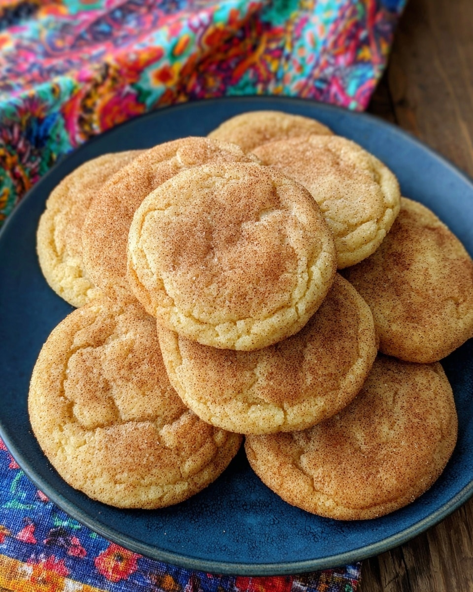 A blue round plate filled with a stack of round, light golden cookies with cracked surfaces, sprinkled with cinnamon sugar giving a fine brown dusting over the top. The cookies have a soft texture with visible cracks and slight puffiness, layered evenly on the plate which rests on a wooden surface partially covered by a colorful floral cloth. Photo taken with an iphone --ar 4:5 --v 7