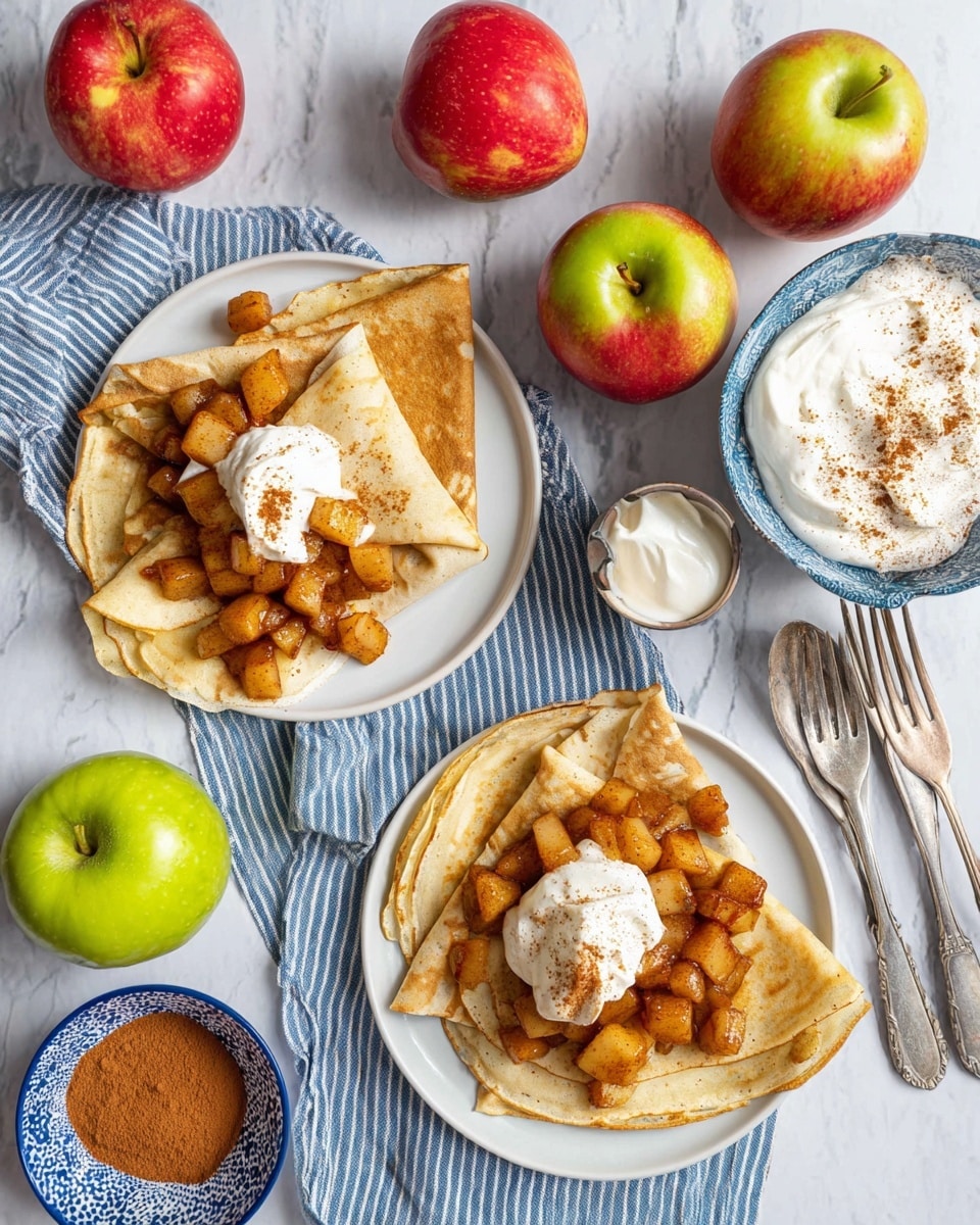 The image shows two white plates each holding three folded thin crepes arranged in a stacked manner. On top of the crepes are small chunks of caramelized apple pieces with a golden-brown color, and a generous dollop of white cream sits in the center of the apple topping on each plate. Around the plates, there are fresh red and green apples scattered on a white marbled surface. A bowl filled with white cream and another bowl containing more caramelized apples are on a blue-and-white-striped cloth next to two silver forks. A small blue patterned bowl with a reddish-brown powder, likely cinnamon, is also present, adding contrast to the scene. photo taken with an iphone --ar 4:5 --v 7