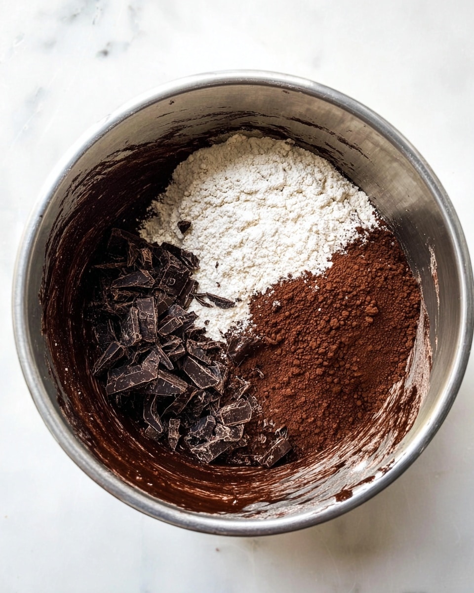 A metal bowl sits on a white marbled surface, filled with three main layers: a thick dark brown chocolate mixture covers the left and bottom part, on the right side there is a mound of white flour, and scattered on top of both are small pieces of dark chocolate and a light dusting of cocoa powder. The bowl has some chocolate smears along its inner sides, showing recent stirring activity. photo taken with an iphone --ar 4:5 --v 7