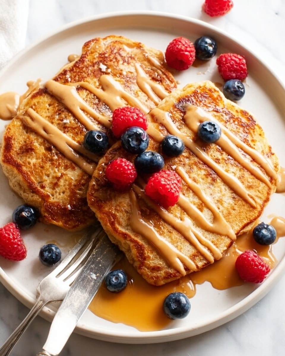 Two golden brown pancakes lie side by side on a white plate with a few fresh raspberries and blueberries scattered on top and around them. The pancakes have a smooth, slightly crispy texture and are drizzled with light brown nut butter sauce in thin streams across the top. A shiny layer of amber syrup pools lightly around the pancakes on the plate. A fork and a knife rest on the lower left side of the plate. The plate sits on a white marbled surface. photo taken with an iphone --ar 4:5 --v 7