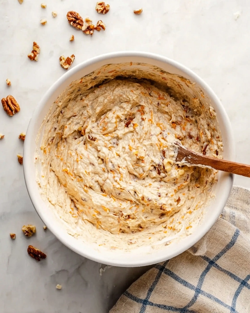 A white bowl filled with thick, creamy batter that has visible orange streaks and small chunks of nuts mixed throughout, giving it a textured, slightly lumpy look. A wooden spoon rests inside the bowl, partially covered in the batter. Around the bowl, scattered pieces of chopped nuts add detail to the scene. The bowl sits on a white marbled surface with a beige and blue checkered cloth partially visible underneath on the right side. Photo taken with an iphone --ar 4:5 --v 7